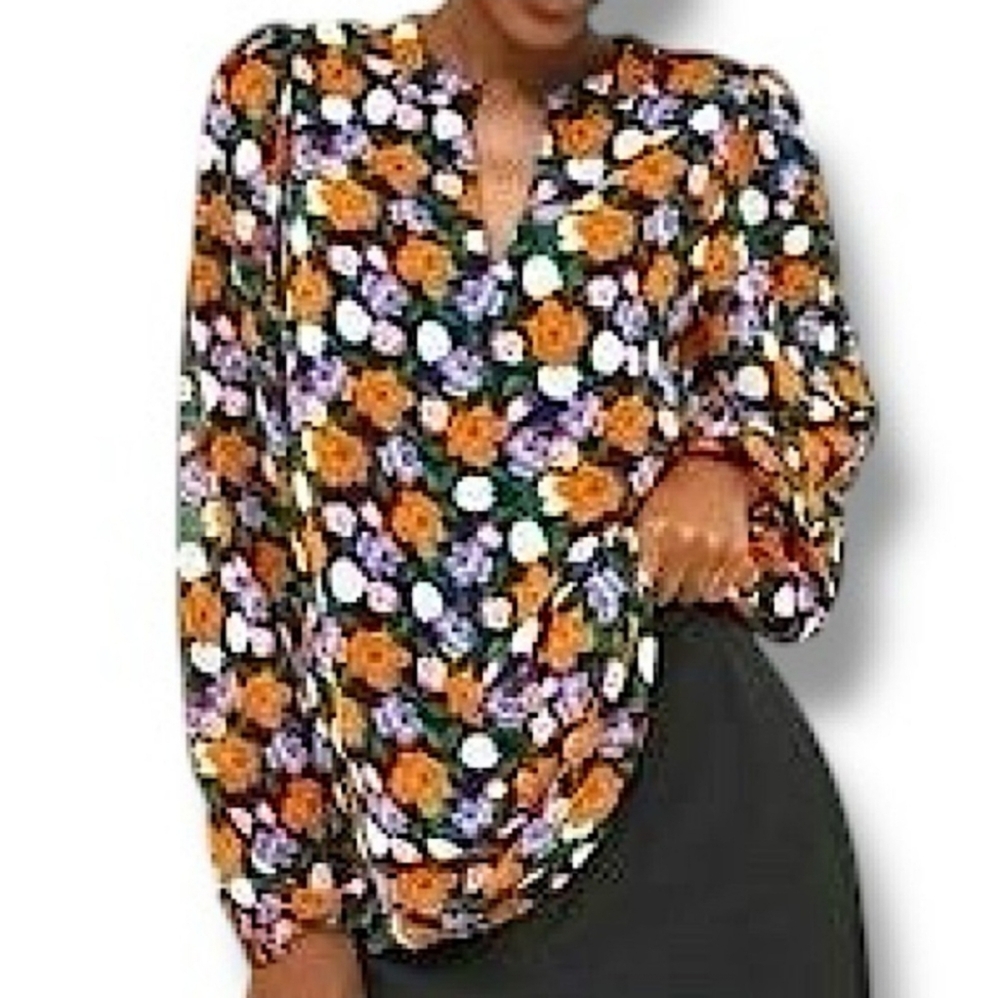 TAHARI WOMAN Bright Floral Split Collar Tunic Top 2X